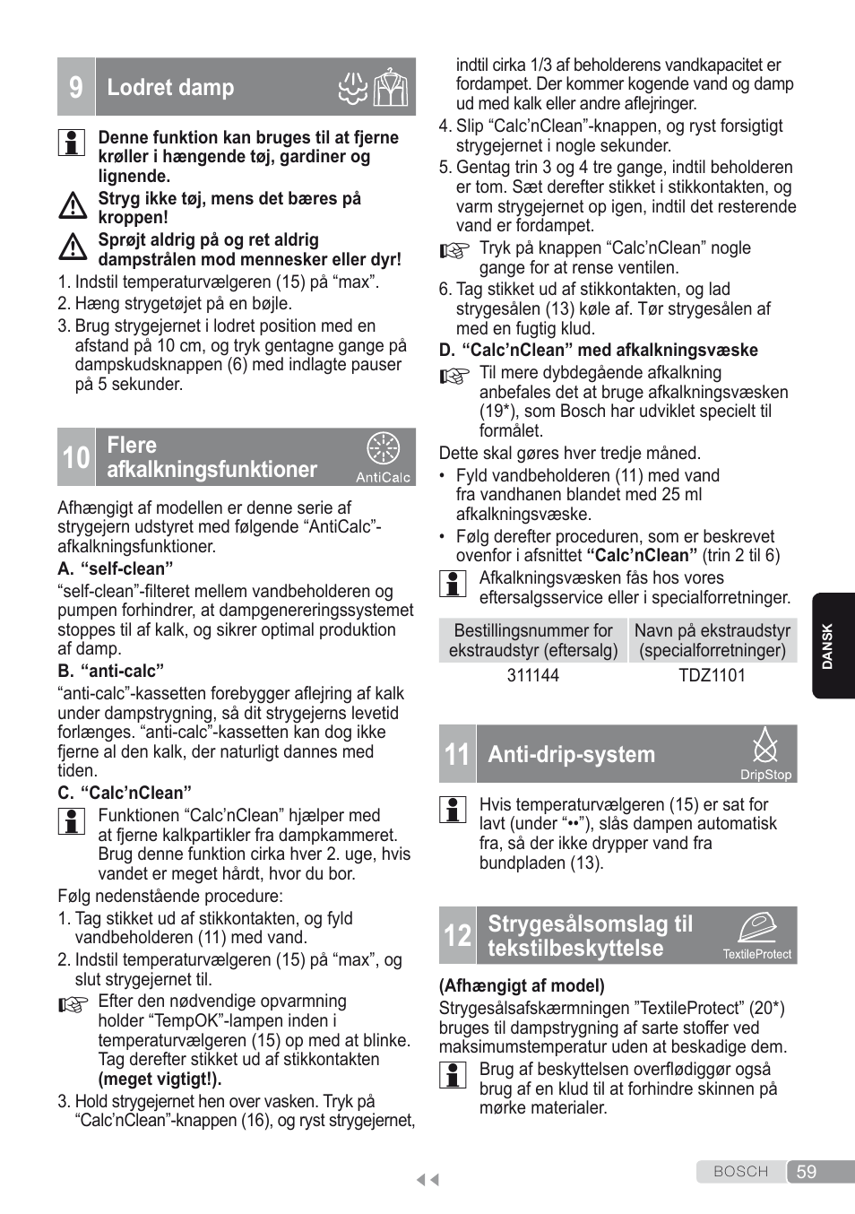 9 lodret damp, 10 flere afkalkningsfunktioner, 11 anti-drip-system | 12 strygesålsomslag til tekstilbeskyttelse | Bosch Kompakt-Dampfgenerator Sensixx´x DI90 AntiShine TDI902836A magic night blue weiß User Manual | Page 59 / 188