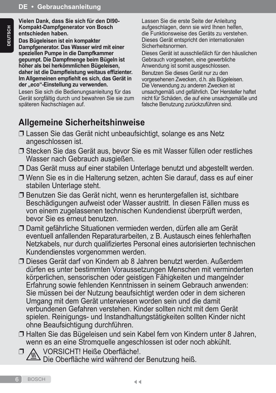 Deutsch, Allgemeine sicherheitshinweise | Bosch Kompakt-Dampfgenerator Sensixx´x DI90 AntiShine TDI902836A magic night blue weiß User Manual | Page 6 / 188