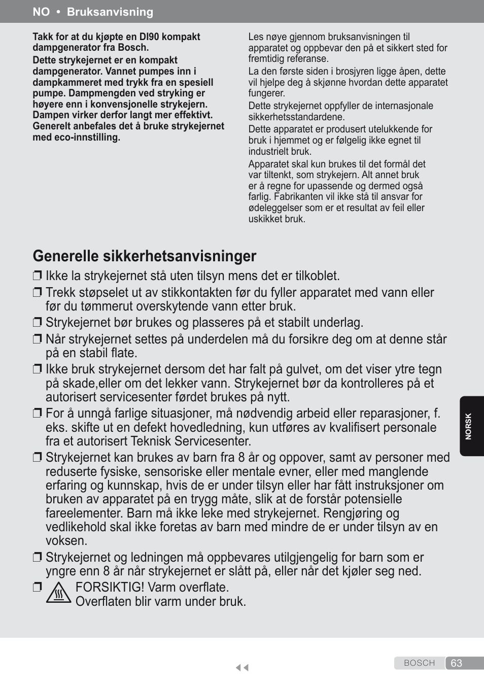 Norsk, Generelle sikkerhetsanvisninger | Bosch Kompakt-Dampfgenerator Sensixx´x DI90 AntiShine TDI902836A magic night blue weiß User Manual | Page 63 / 188