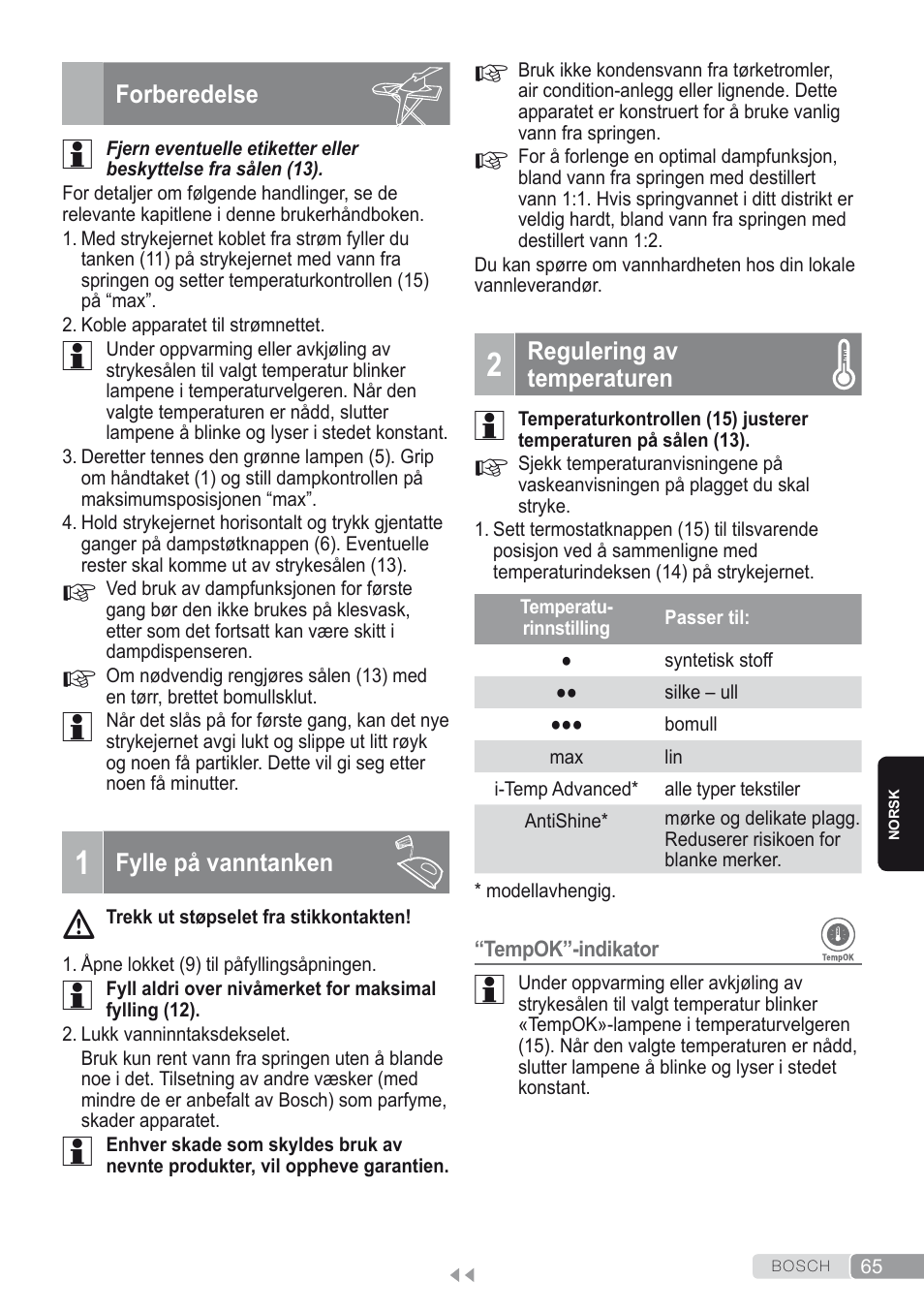 Forberedelse, 1 fylle på vanntanken, 2 regulering av temperaturen | Bosch Kompakt-Dampfgenerator Sensixx´x DI90 AntiShine TDI902836A magic night blue weiß User Manual | Page 65 / 188