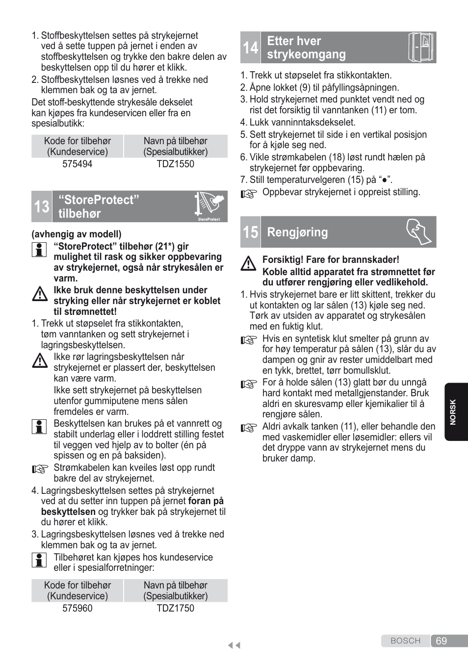 13 “storeprotect” tilbehør, 14 etter hver strykeomgang, 15 rengjøring | Bosch Kompakt-Dampfgenerator Sensixx´x DI90 AntiShine TDI902836A magic night blue weiß User Manual | Page 69 / 188