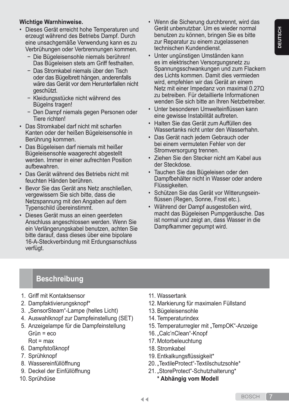 Beschreibung | Bosch Kompakt-Dampfgenerator Sensixx´x DI90 AntiShine TDI902836A magic night blue weiß User Manual | Page 7 / 188