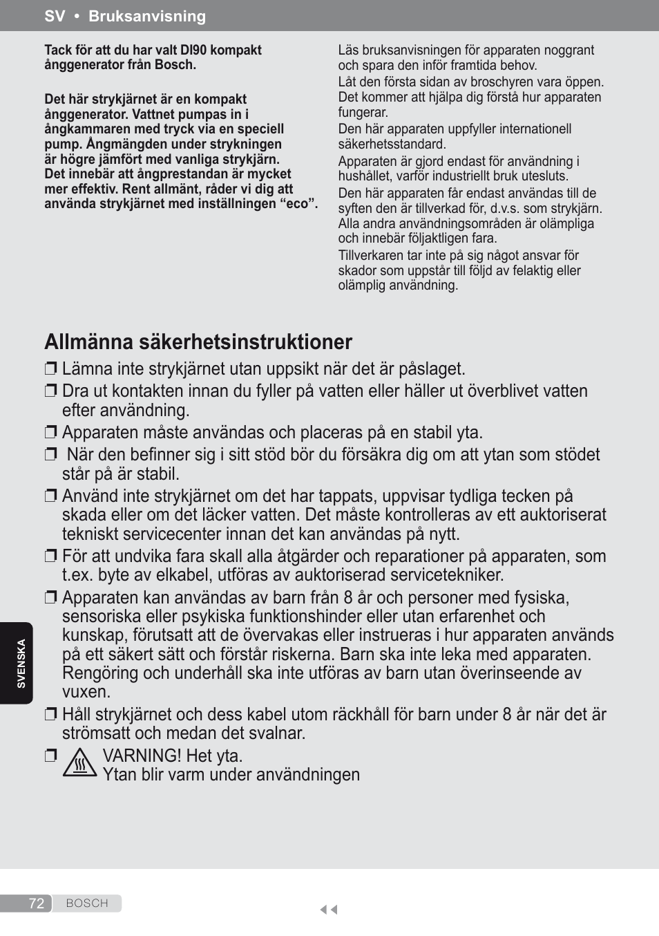 Svenska, Allmänna säkerhetsinstruktioner | Bosch Kompakt-Dampfgenerator Sensixx´x DI90 AntiShine TDI902836A magic night blue weiß User Manual | Page 72 / 188