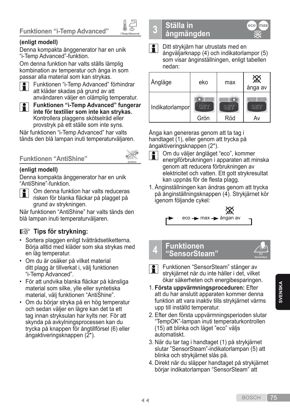 3 ställa inångmängden, 4 funktionen“sensorsteam | Bosch Kompakt-Dampfgenerator Sensixx´x DI90 AntiShine TDI902836A magic night blue weiß User Manual | Page 75 / 188