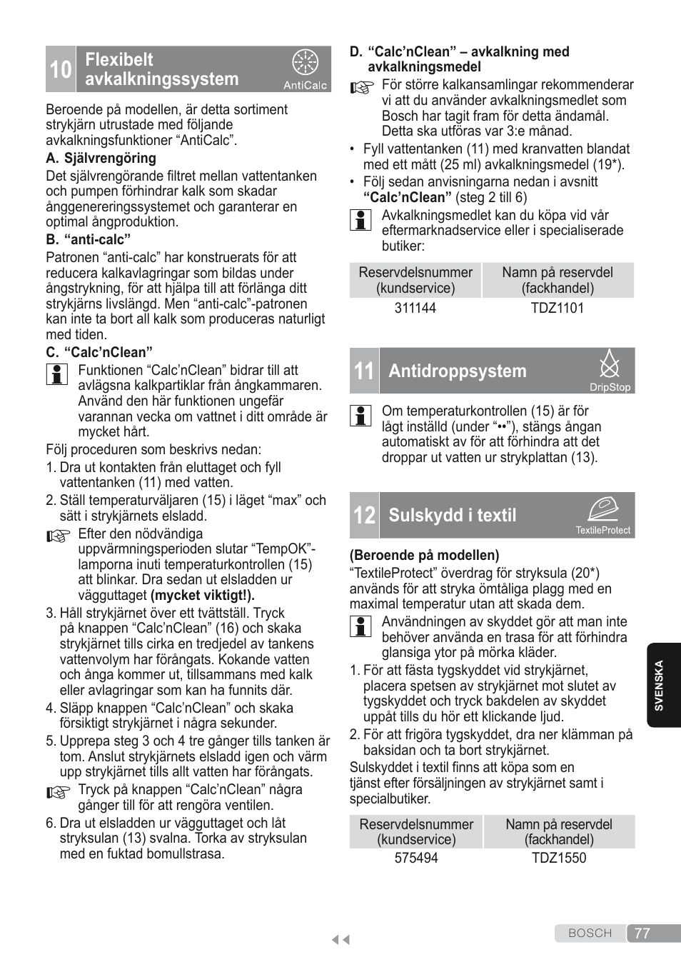 10 flexibelt avkalkningssystem, 11 antidroppsystem, 12 sulskydd i textil | Bosch Kompakt-Dampfgenerator Sensixx´x DI90 AntiShine TDI902836A magic night blue weiß User Manual | Page 77 / 188