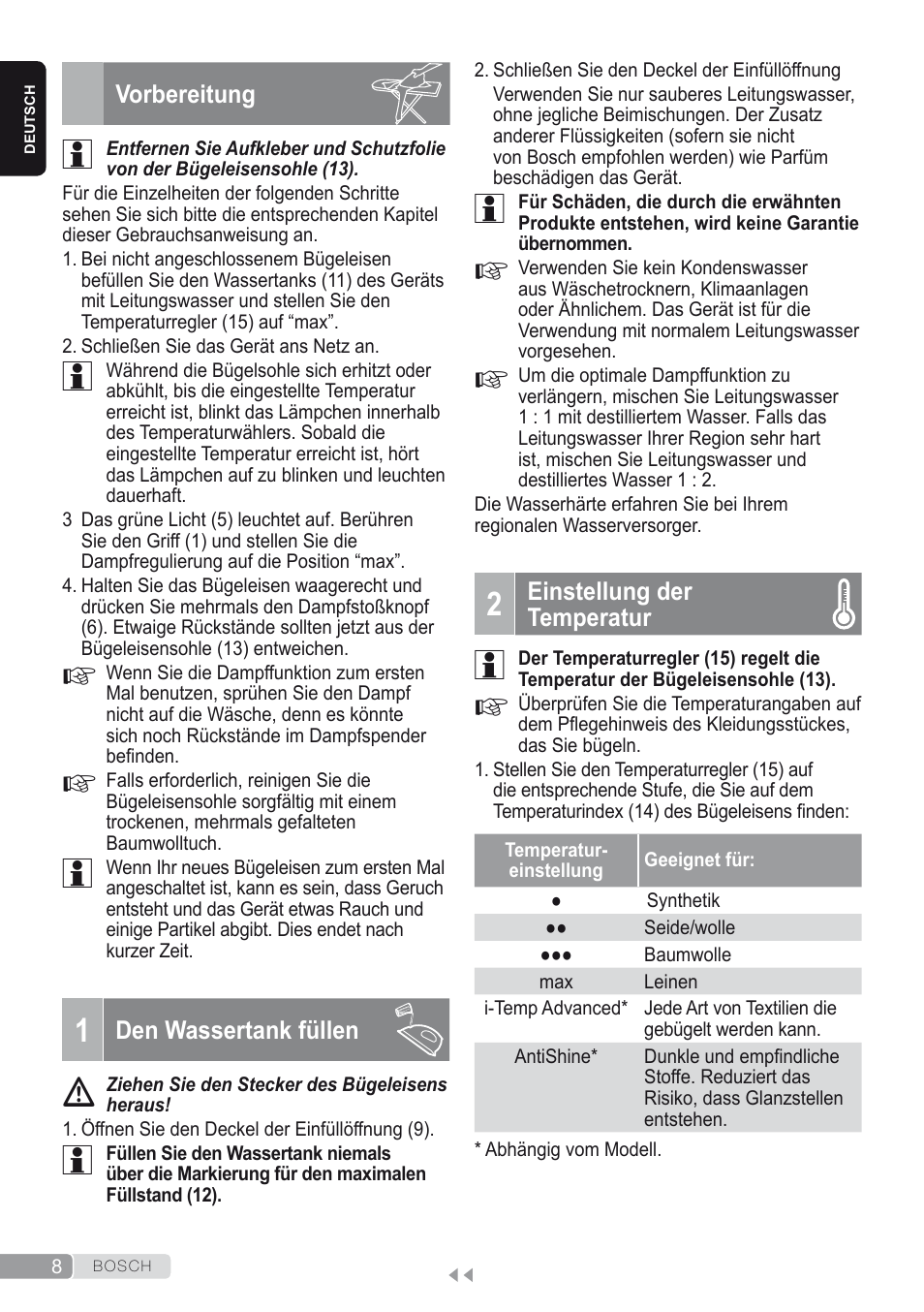 Vorbereitung, 1 den wassertank füllen, 2 einstellung der temperatur | Bosch Kompakt-Dampfgenerator Sensixx´x DI90 AntiShine TDI902836A magic night blue weiß User Manual | Page 8 / 188