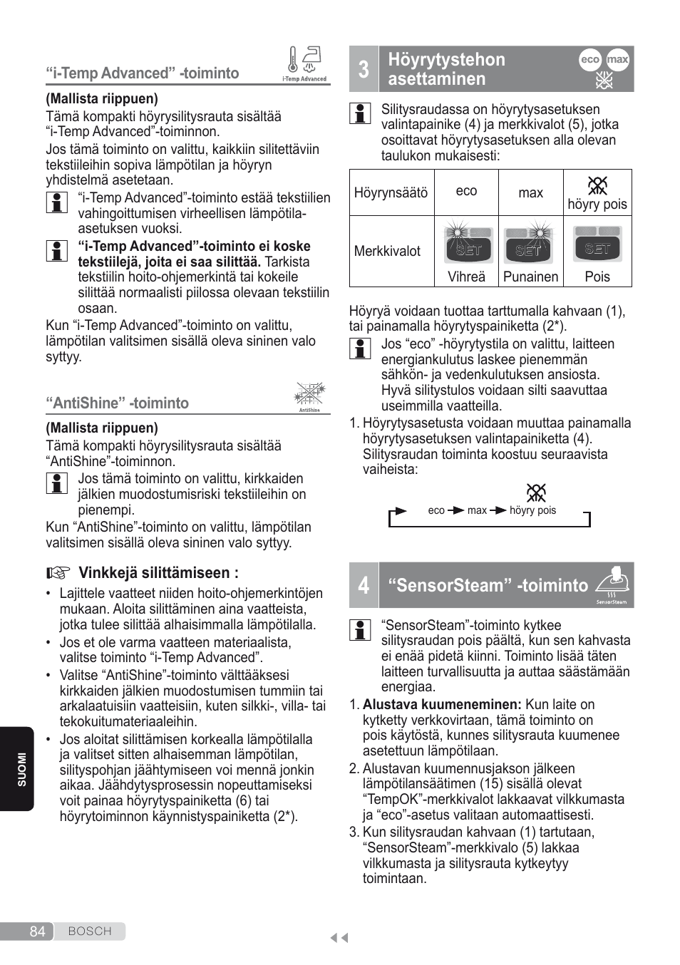 3 höyrytystehon asettaminen, 4 “sensorsteam” -toiminto | Bosch Kompakt-Dampfgenerator Sensixx´x DI90 AntiShine TDI902836A magic night blue weiß User Manual | Page 84 / 188