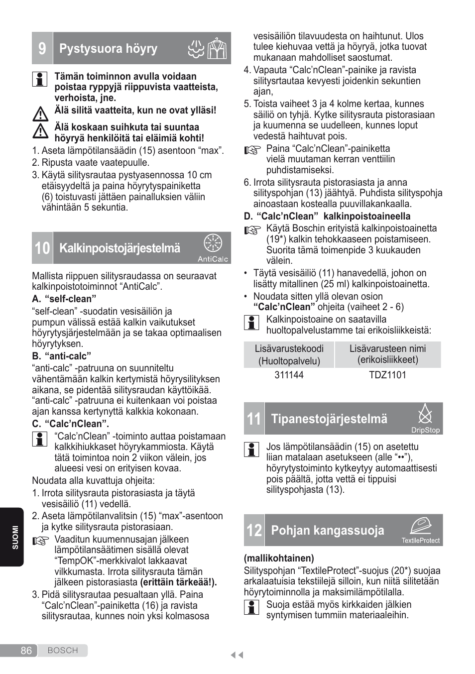 9 pystysuora höyry, 10 kalkinpoistojärjestelmä, 11tipanestojärjestelmä | 12 pohjan kangassuoja | Bosch Kompakt-Dampfgenerator Sensixx´x DI90 AntiShine TDI902836A magic night blue weiß User Manual | Page 86 / 188