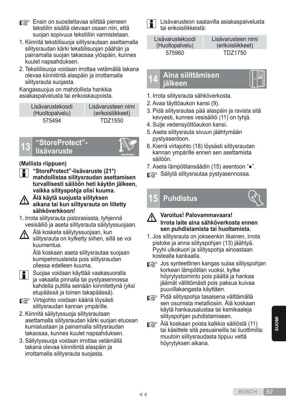 13 “storeprotect”-lisävaruste, 14 aina silittämisen jälkeen, 15 puhdistus | Bosch Kompakt-Dampfgenerator Sensixx´x DI90 AntiShine TDI902836A magic night blue weiß User Manual | Page 87 / 188