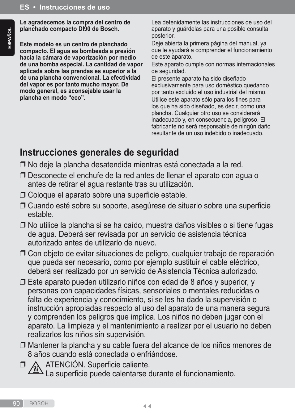 Español, Instrucciones generales de seguridad | Bosch Kompakt-Dampfgenerator Sensixx´x DI90 AntiShine TDI902836A magic night blue weiß User Manual | Page 90 / 188