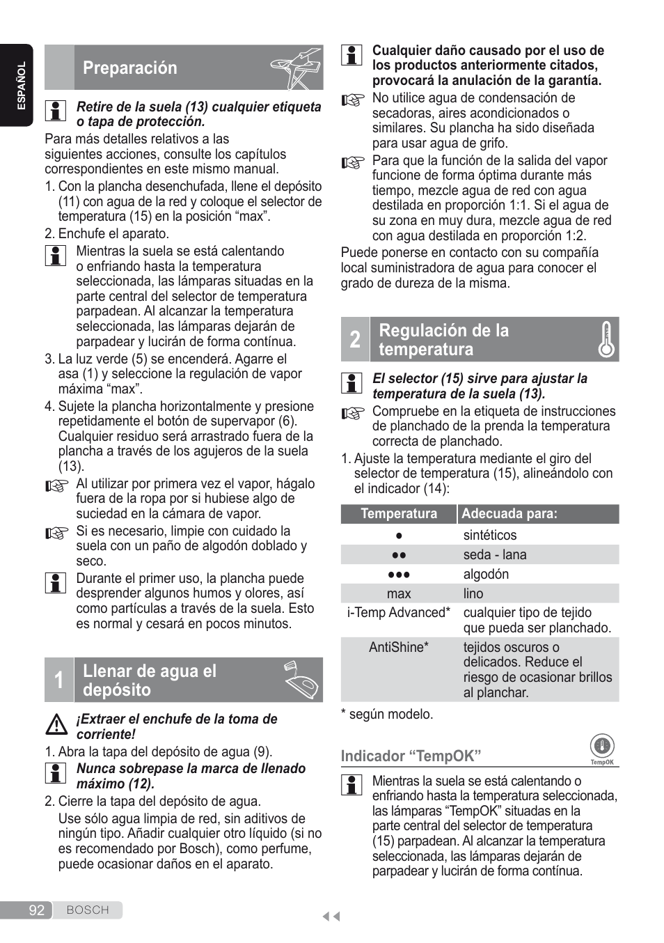 Preparación, 1 llenar de agua el depósito, 2 regulación de la temperatura | Bosch Kompakt-Dampfgenerator Sensixx´x DI90 AntiShine TDI902836A magic night blue weiß User Manual | Page 92 / 188