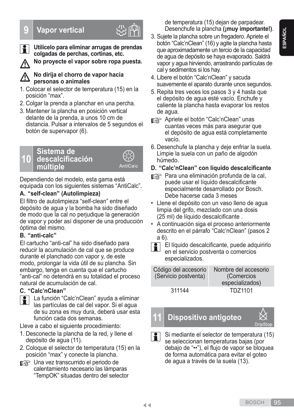 9 vapor vertical, 10 sistema de descalcificación múltiple, 11 dispositivo antigoteo | Bosch Kompakt-Dampfgenerator Sensixx´x DI90 AntiShine TDI902836A magic night blue weiß User Manual | Page 95 / 188