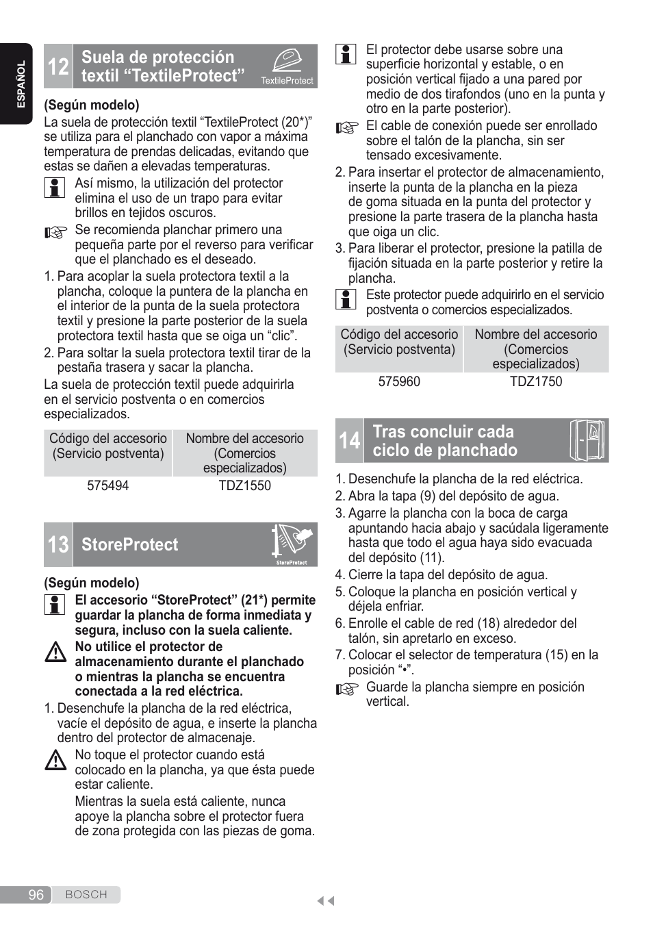 12 suela de protección textil “textileprotect, 13 storeprotect, 14 tras concluir cada ciclo de planchado | Bosch Kompakt-Dampfgenerator Sensixx´x DI90 AntiShine TDI902836A magic night blue weiß User Manual | Page 96 / 188