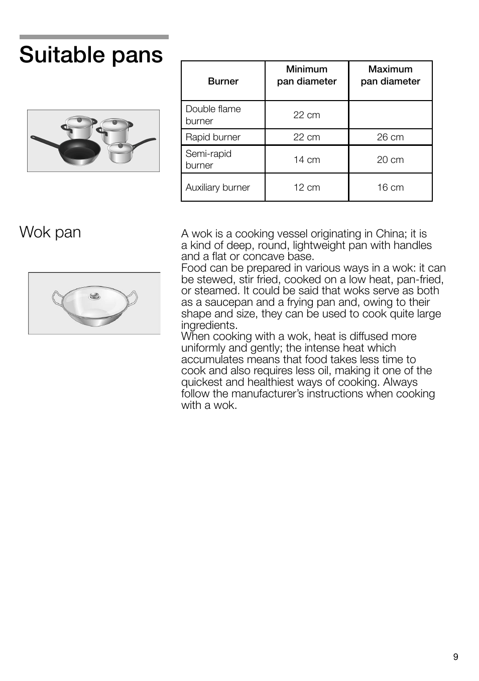 Suitable pans, Wok pan | Bosch PRS926B70E Gas-Kochstelle Glaskeramik 90 cm User Manual | Page 10 / 106