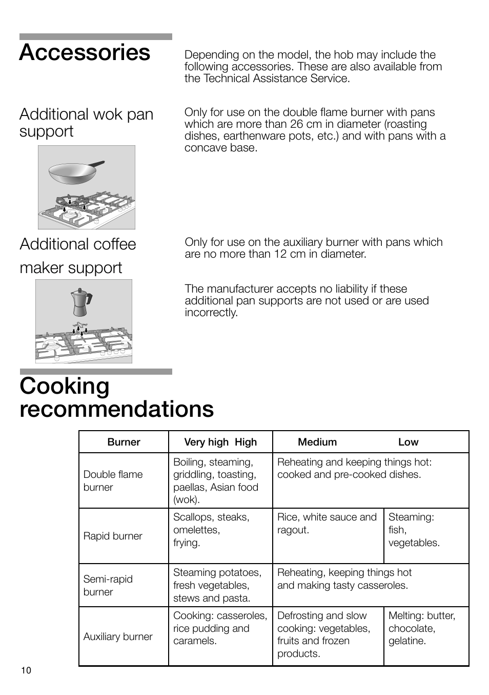 Cooking recommendations, Accessories, Additional coffee maker support | Support, Additional wok pan | Bosch PRS926B70E Gas-Kochstelle Glaskeramik 90 cm User Manual | Page 11 / 106