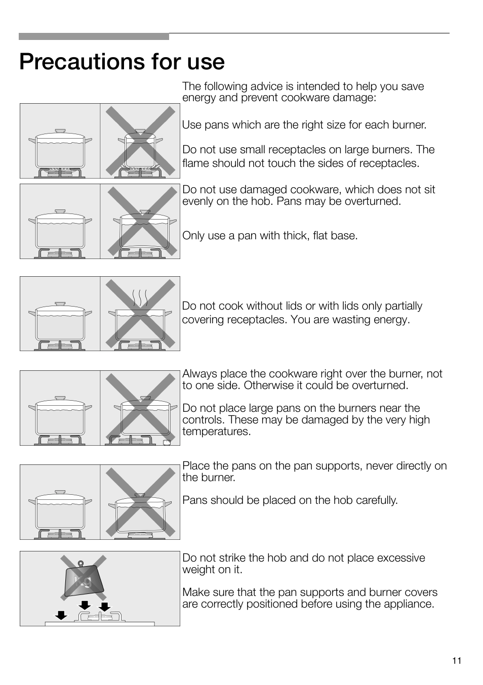 Precautions for use | Bosch PRS926B70E Gas-Kochstelle Glaskeramik 90 cm User Manual | Page 12 / 106