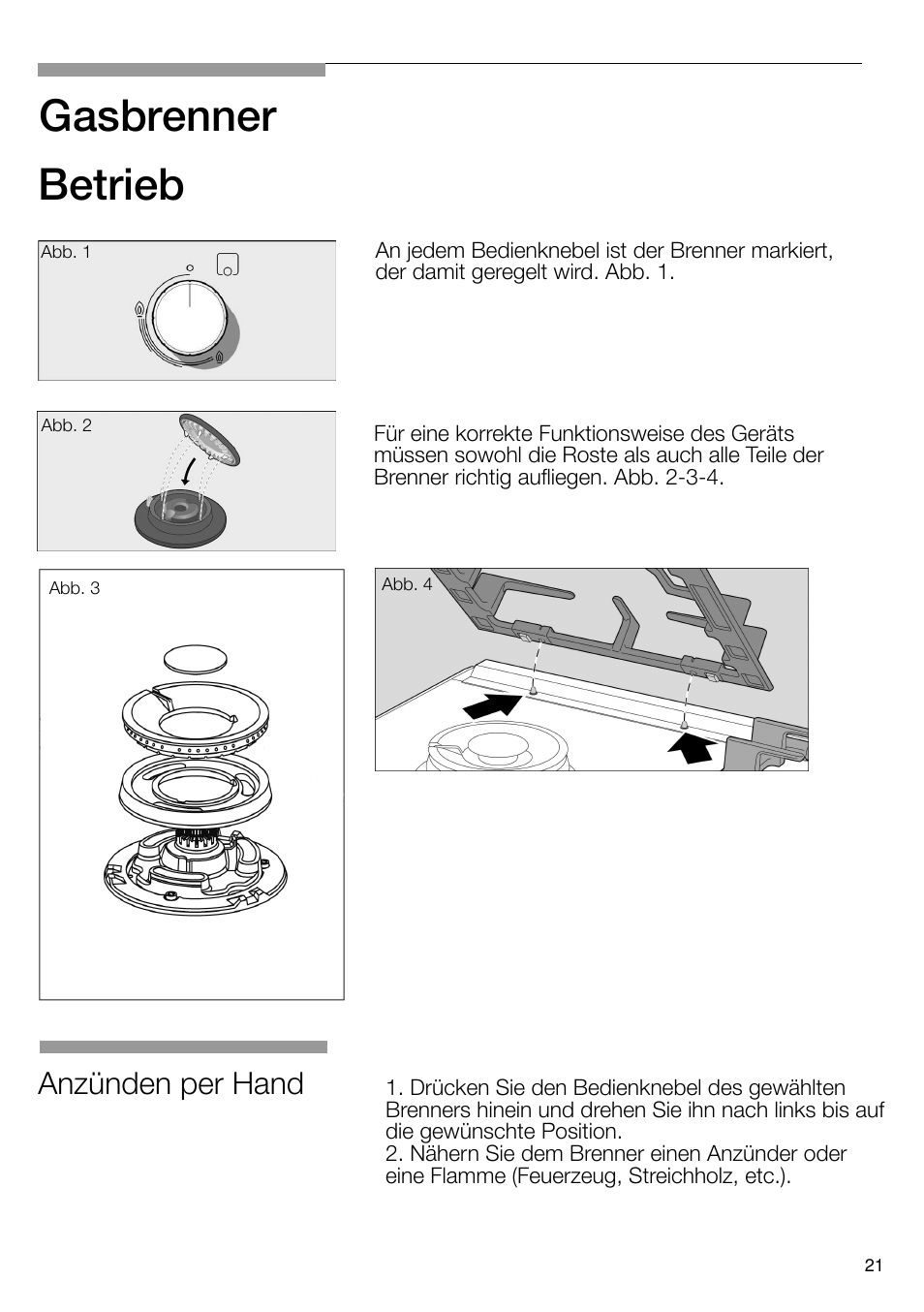 Gasbrenner, Betrieb, Anzünden per hand | Bosch PRS926B70E Gas-Kochstelle Glaskeramik 90 cm User Manual | Page 22 / 106