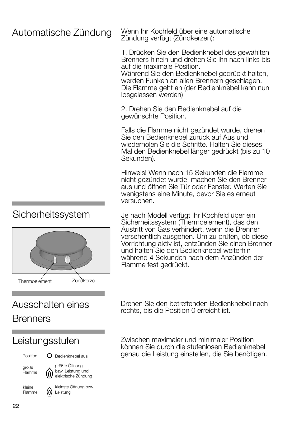 Leistungsstufen, Ausschalten eines brenners, Automatische zündung | Sicherheitssystem | Bosch PRS926B70E Gas-Kochstelle Glaskeramik 90 cm User Manual | Page 23 / 106