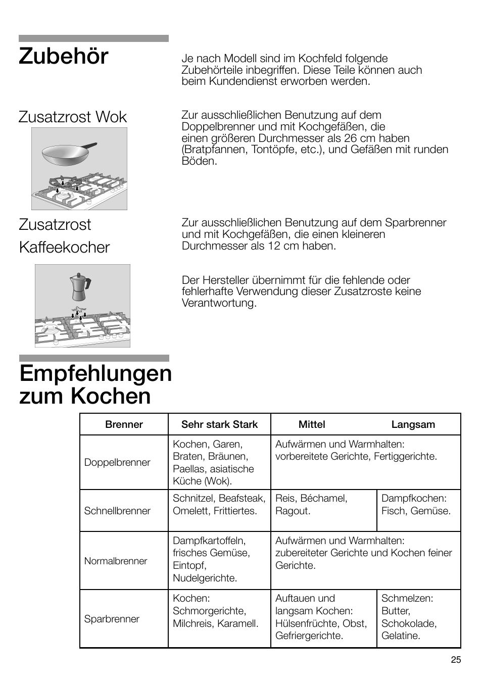 Empfehlungen zum kochen, Zubehör, Zusatzrost kaffeekocher | Zusatzrost wok | Bosch PRS926B70E Gas-Kochstelle Glaskeramik 90 cm User Manual | Page 26 / 106