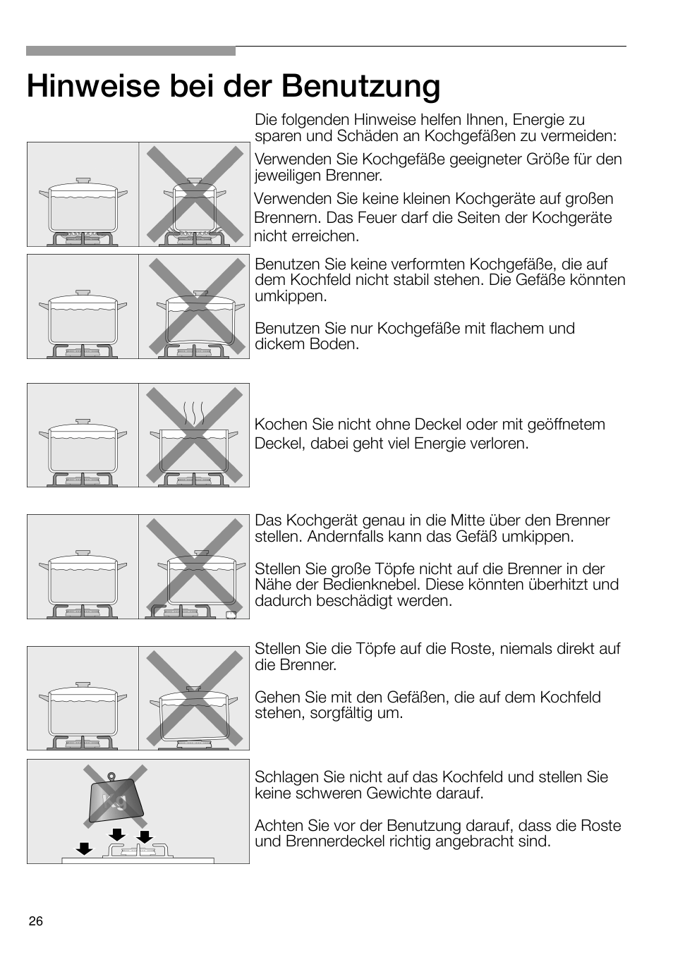 Hinweise bei der benutzung | Bosch PRS926B70E Gas-Kochstelle Glaskeramik 90 cm User Manual | Page 27 / 106