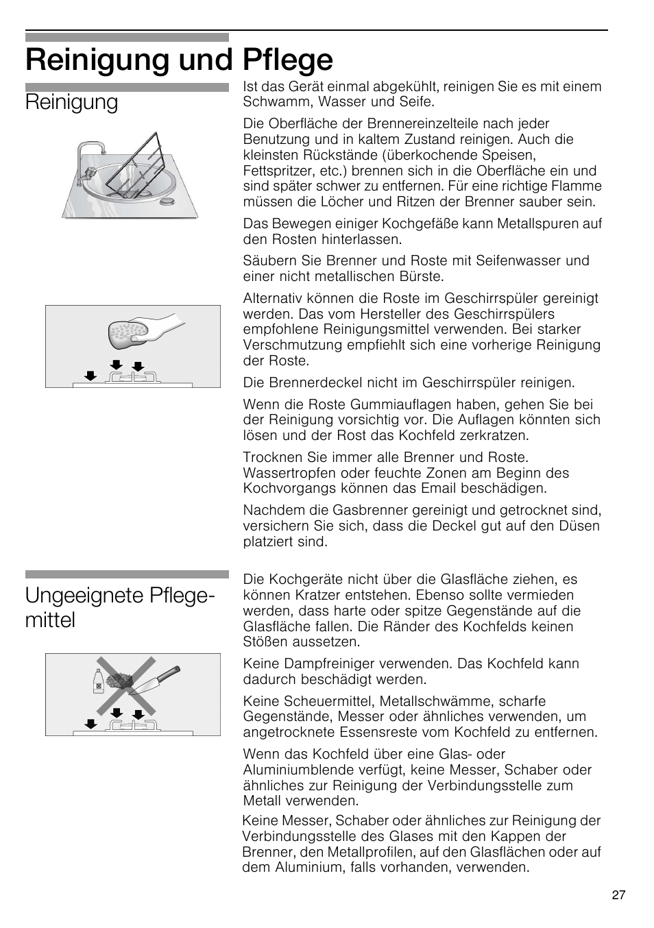 Reinigung und pflege, Ungeeignete pflege- mittel, Reinigung | Bosch PRS926B70E Gas-Kochstelle Glaskeramik 90 cm User Manual | Page 28 / 106