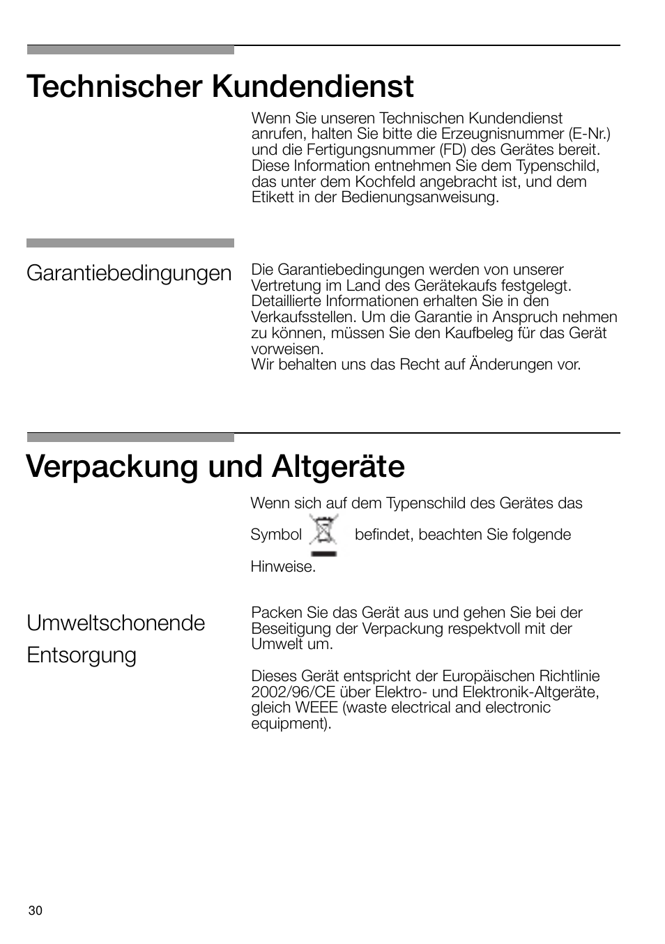 Verpackung und altgeräte technischer kundendienst, Umweltschonende entsorgung garantiebedingungen | Bosch PRS926B70E Gas-Kochstelle Glaskeramik 90 cm User Manual | Page 31 / 106