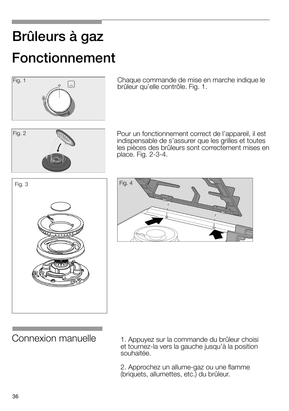 Brûleurs à gaz, Fonctionnement, Connexion manuelle | Bosch PRS926B70E Gas-Kochstelle Glaskeramik 90 cm User Manual | Page 37 / 106