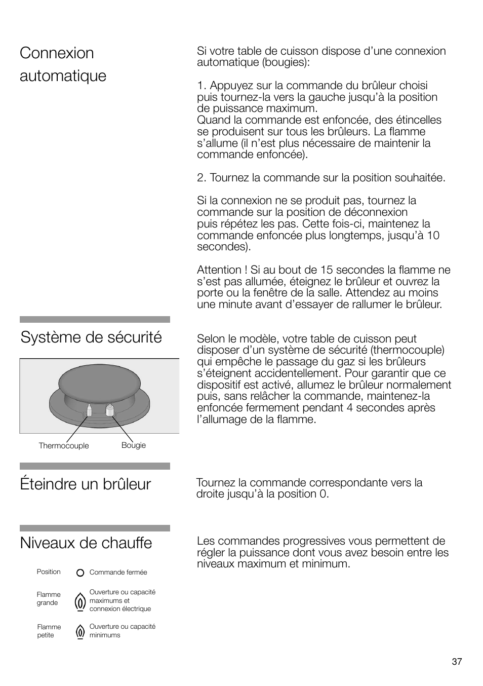 Niveaux de chauffe, Éteindre un brûleur, Connexion automatique | Système de sécurité | Bosch PRS926B70E Gas-Kochstelle Glaskeramik 90 cm User Manual | Page 38 / 106