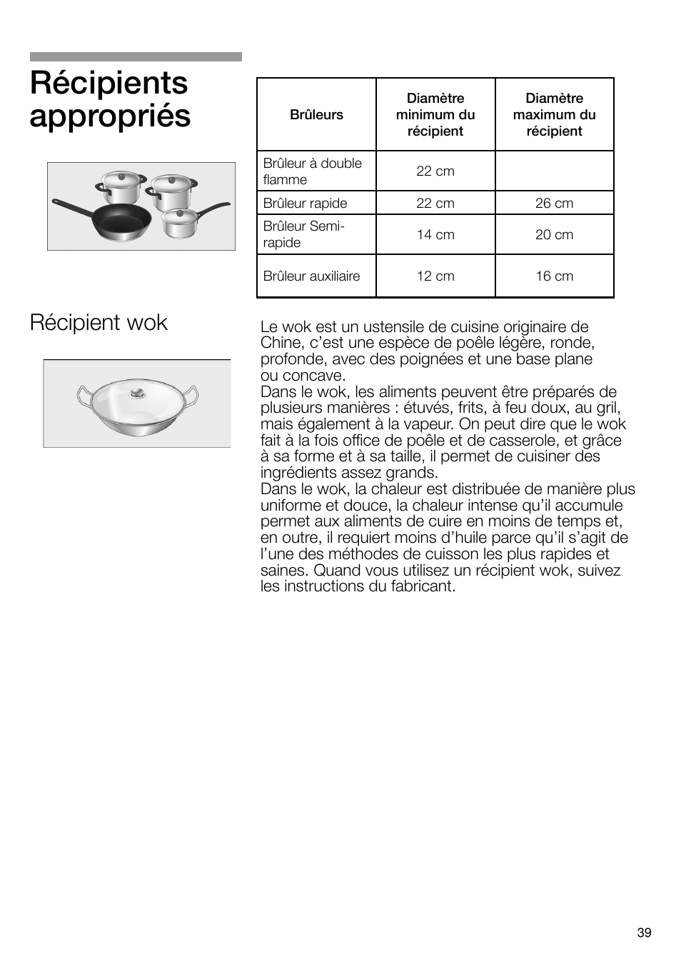 Récipients appropriés, Récipient wok | Bosch PRS926B70E Gas-Kochstelle Glaskeramik 90 cm User Manual | Page 40 / 106