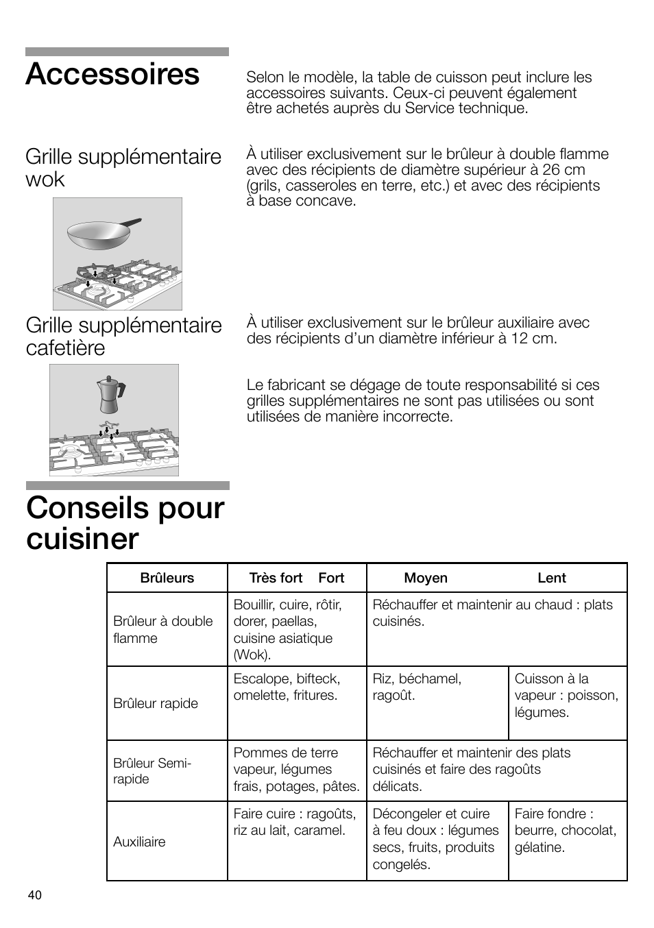 Conseils pour cuisiner, Accessoires, Grille supplémentaire cafetière | Grille supplémentaire wok | Bosch PRS926B70E Gas-Kochstelle Glaskeramik 90 cm User Manual | Page 41 / 106