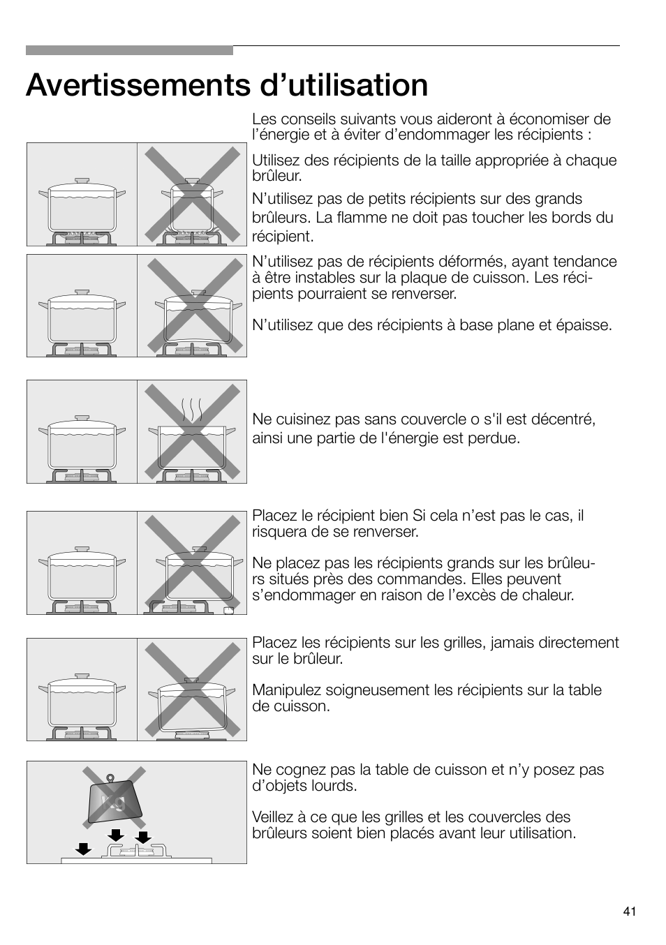 Avertissements d’utilisation | Bosch PRS926B70E Gas-Kochstelle Glaskeramik 90 cm User Manual | Page 42 / 106