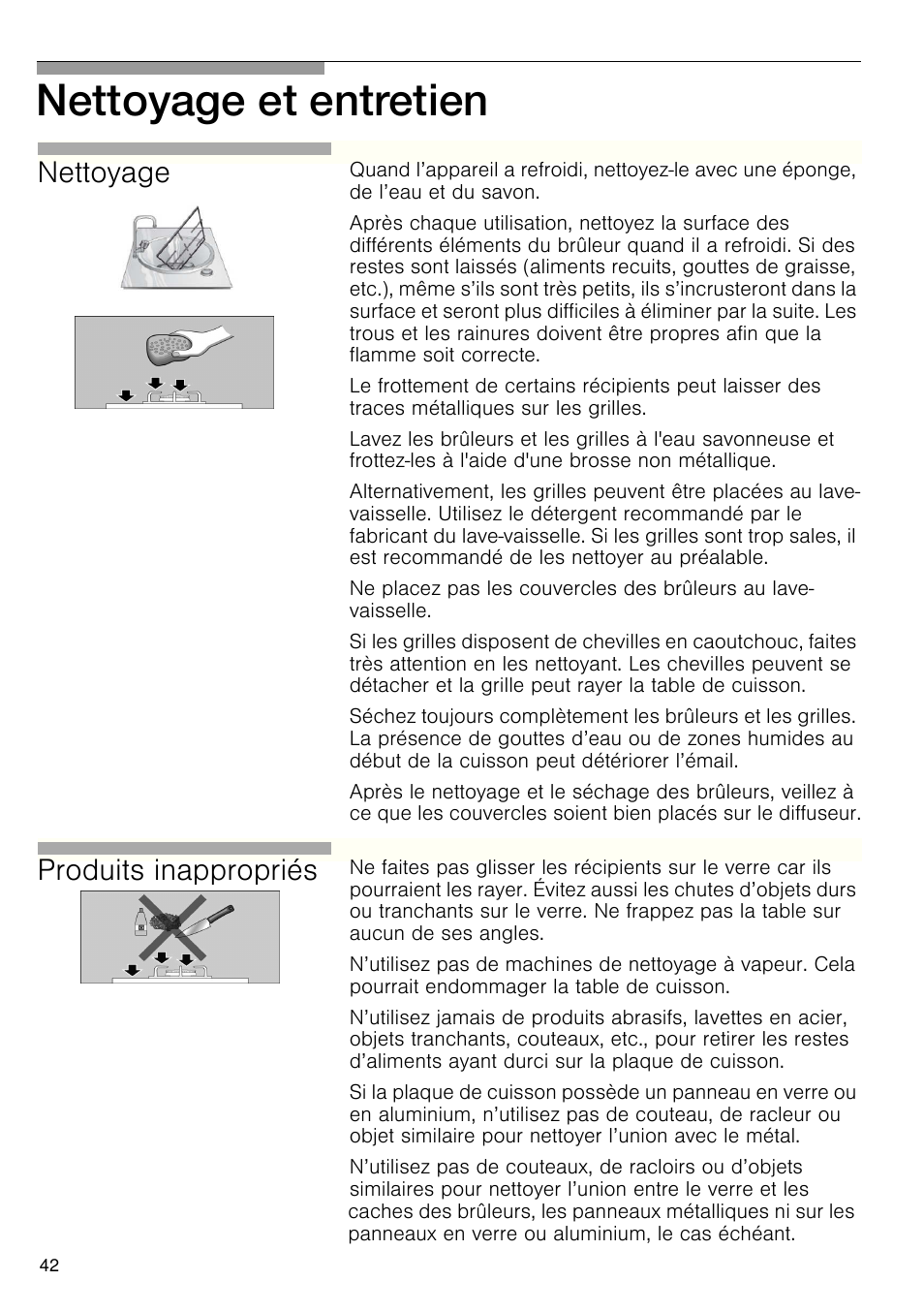 Nettoyage et entretien, Nettoyage, Produits inappropriés | Bosch PRS926B70E Gas-Kochstelle Glaskeramik 90 cm User Manual | Page 43 / 106