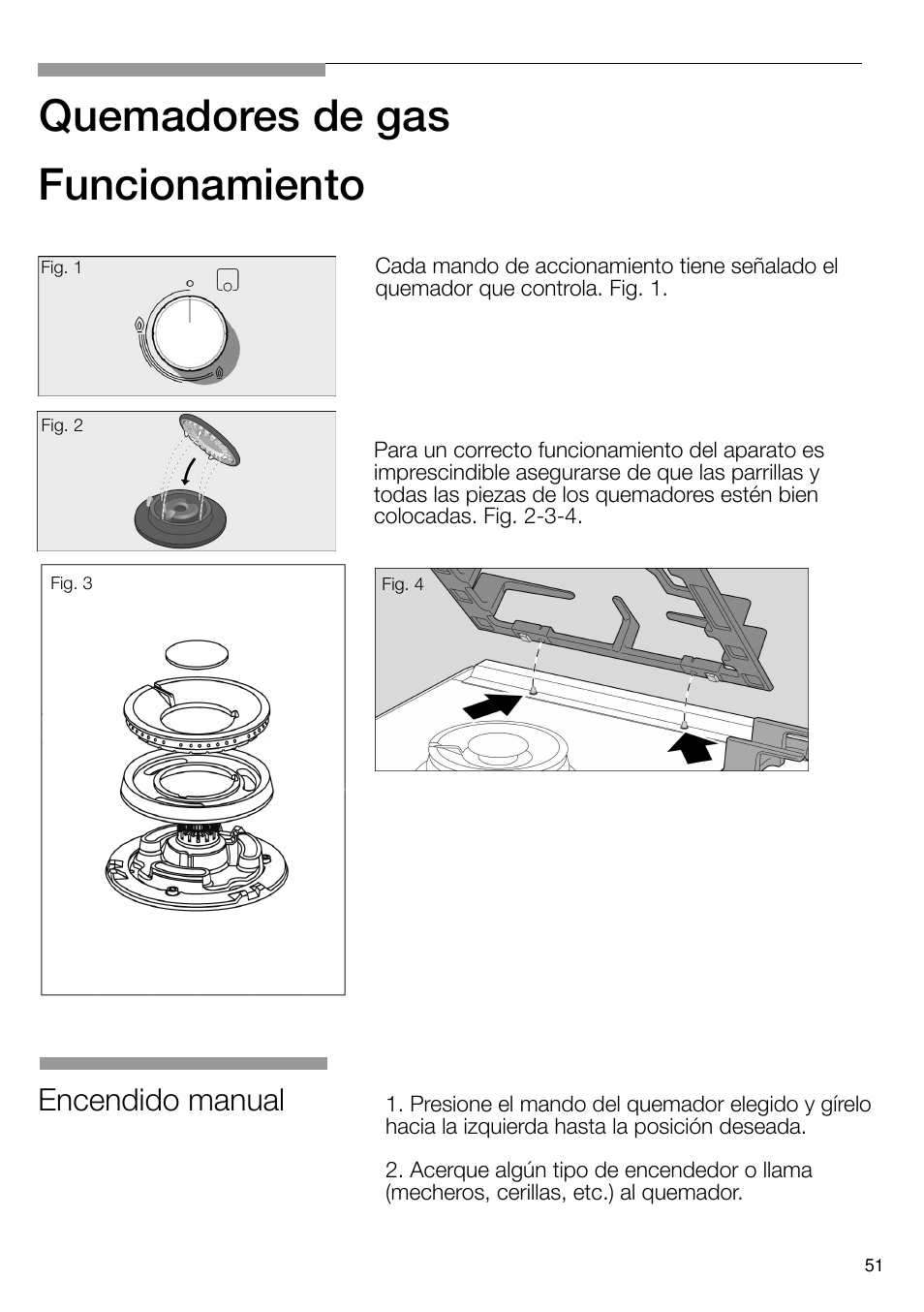 Quemadores de gas, Funcionamiento, Encendido manual | Bosch PRS926B70E Gas-Kochstelle Glaskeramik 90 cm User Manual | Page 52 / 106