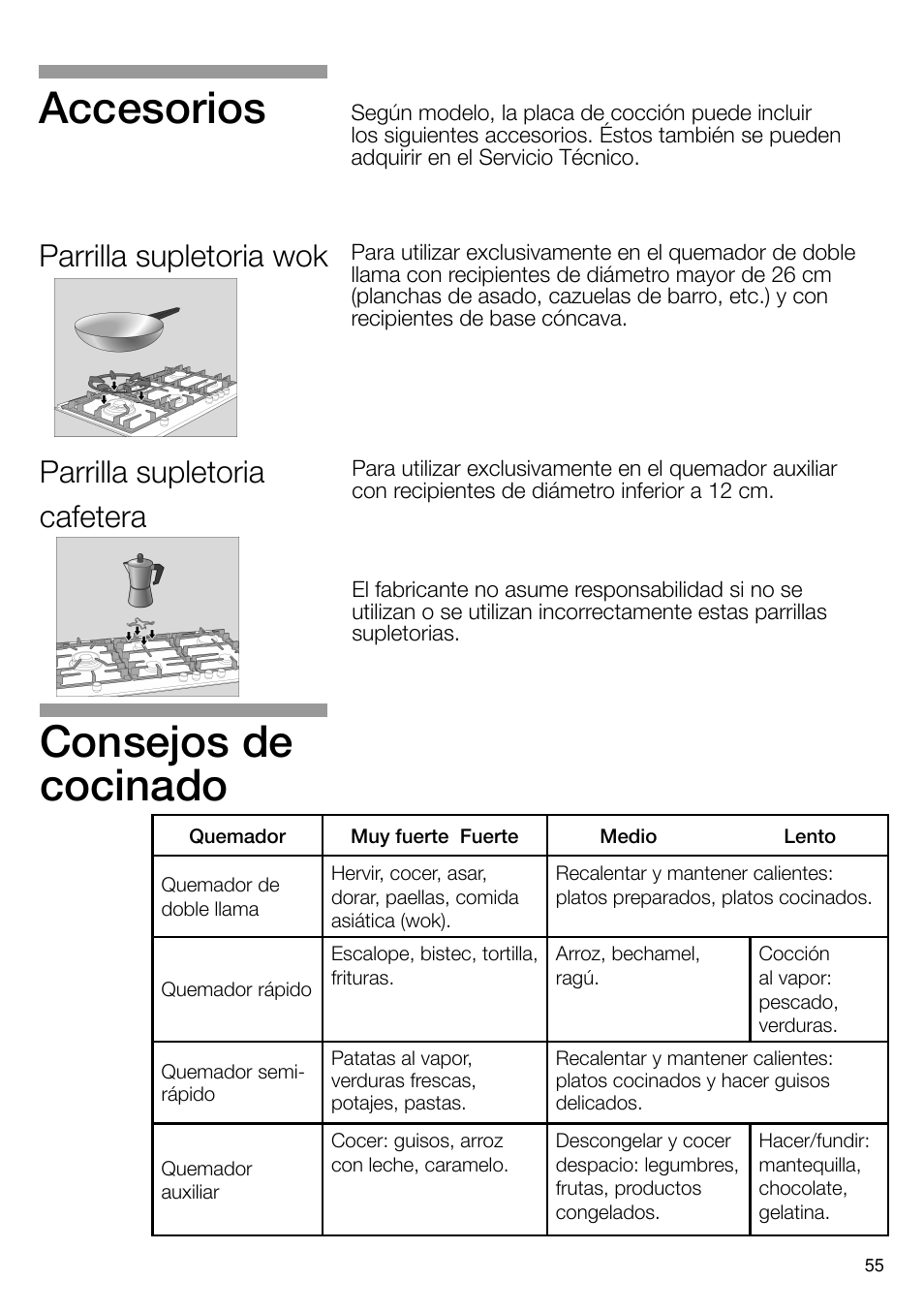 Consejos de cocinado, Accesorios, Parrilla supletoria cafetera | Parrilla supletoria wok | Bosch PRS926B70E Gas-Kochstelle Glaskeramik 90 cm User Manual | Page 56 / 106