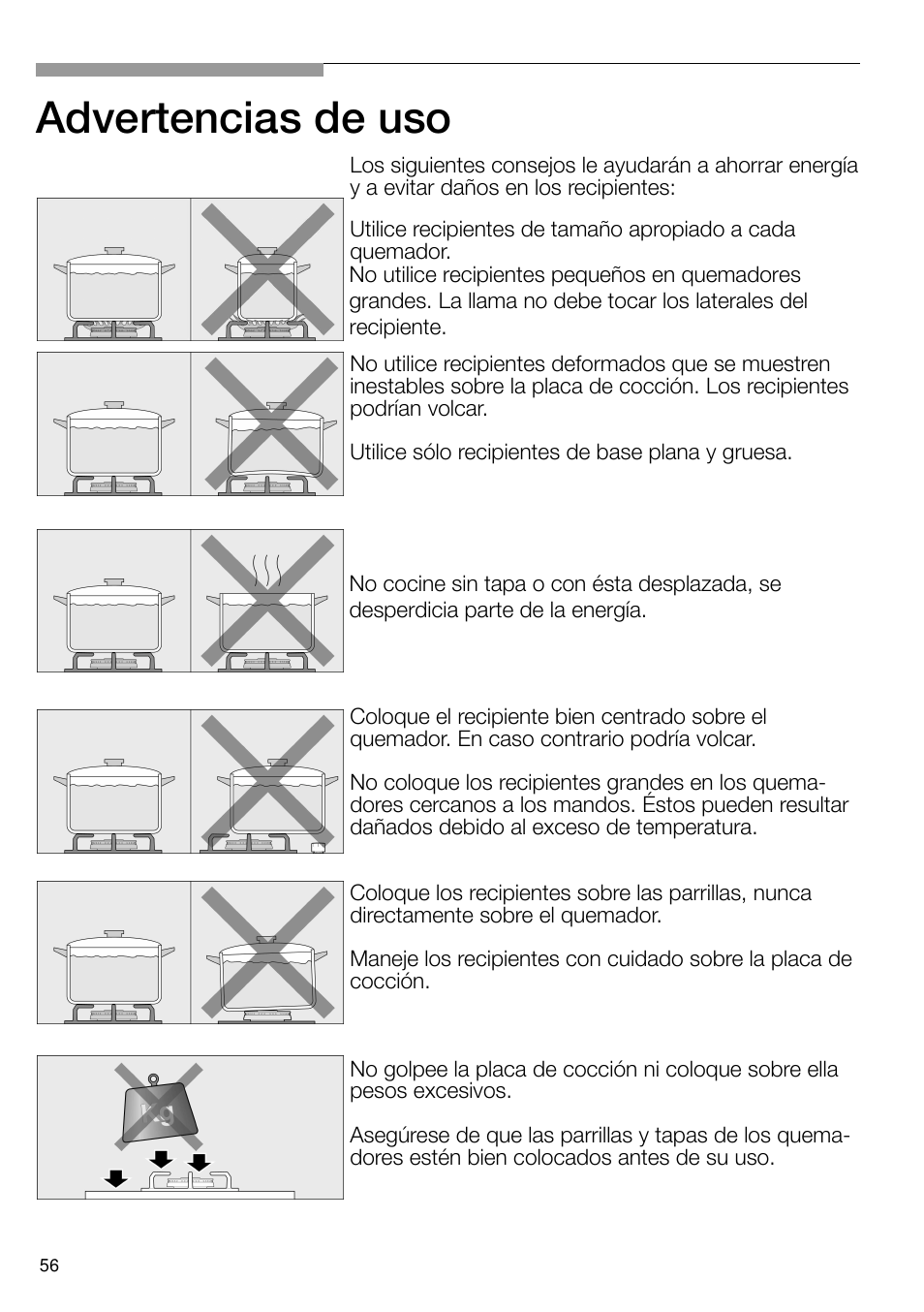 Advertencias de uso | Bosch PRS926B70E Gas-Kochstelle Glaskeramik 90 cm User Manual | Page 57 / 106