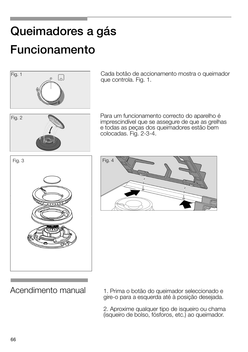 Queimadores a gás, Funcionamento, Acendimento manual | Bosch PRS926B70E Gas-Kochstelle Glaskeramik 90 cm User Manual | Page 67 / 106