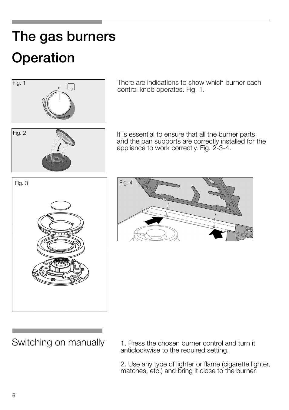 The gas burners, Operation, Switching on manually | Bosch PRS926B70E Gas-Kochstelle Glaskeramik 90 cm User Manual | Page 7 / 106