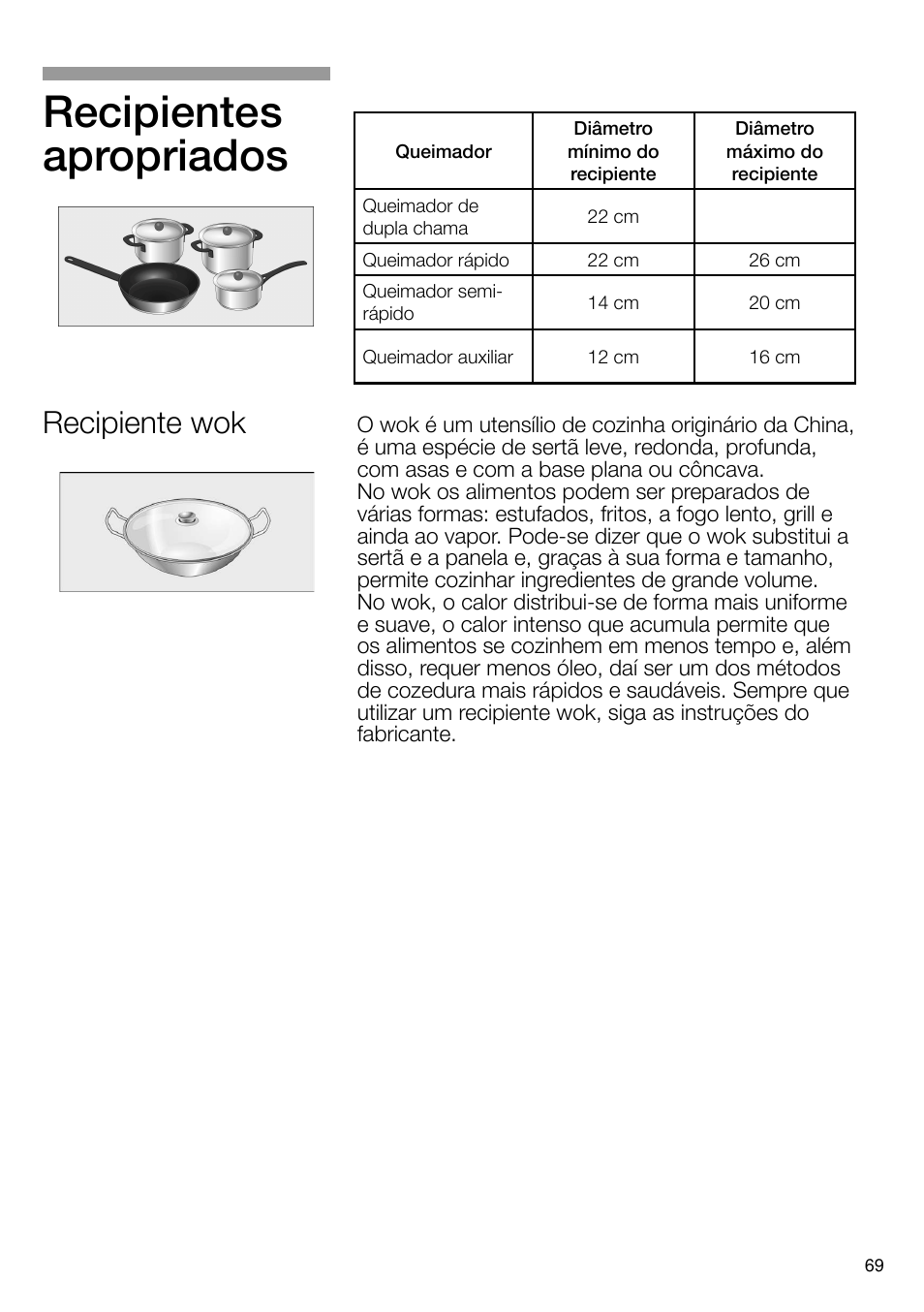 Recipientes apropriados, Recipiente wok | Bosch PRS926B70E Gas-Kochstelle Glaskeramik 90 cm User Manual | Page 70 / 106