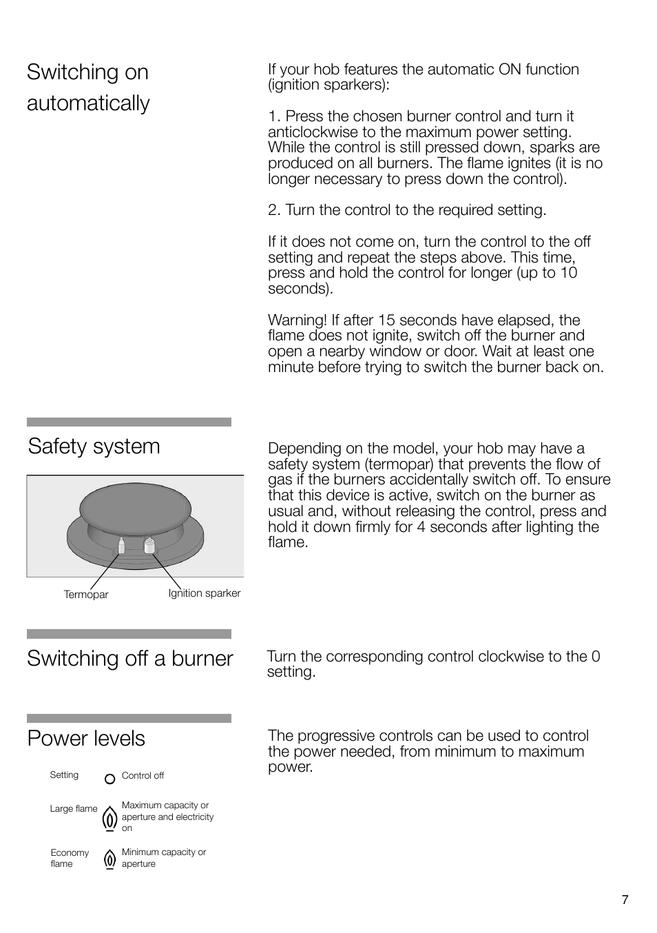 Power levels, Switching off a burner, Switching on automatically | Safety system | Bosch PRS926B70E Gas-Kochstelle Glaskeramik 90 cm User Manual | Page 8 / 106