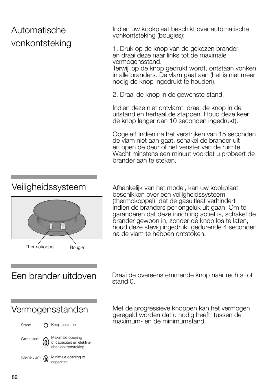 Vermogensstanden, Een brander uitdoven, Automatische vonkontsteking | Veiligheidssysteem | Bosch PRS926B70E Gas-Kochstelle Glaskeramik 90 cm User Manual | Page 83 / 106