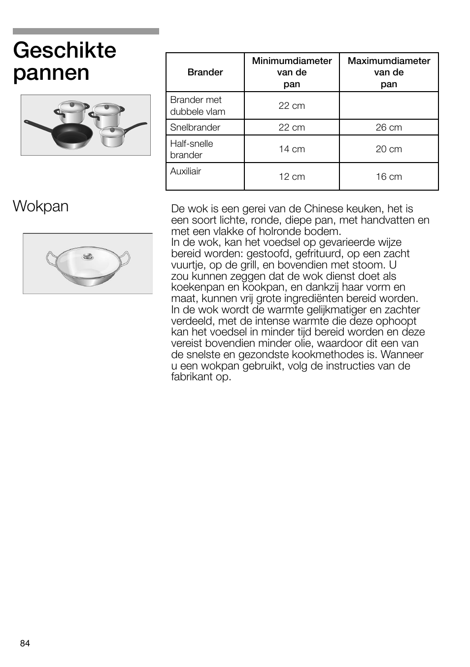 Geschikte pannen, Wokpan | Bosch PRS926B70E Gas-Kochstelle Glaskeramik 90 cm User Manual | Page 85 / 106
