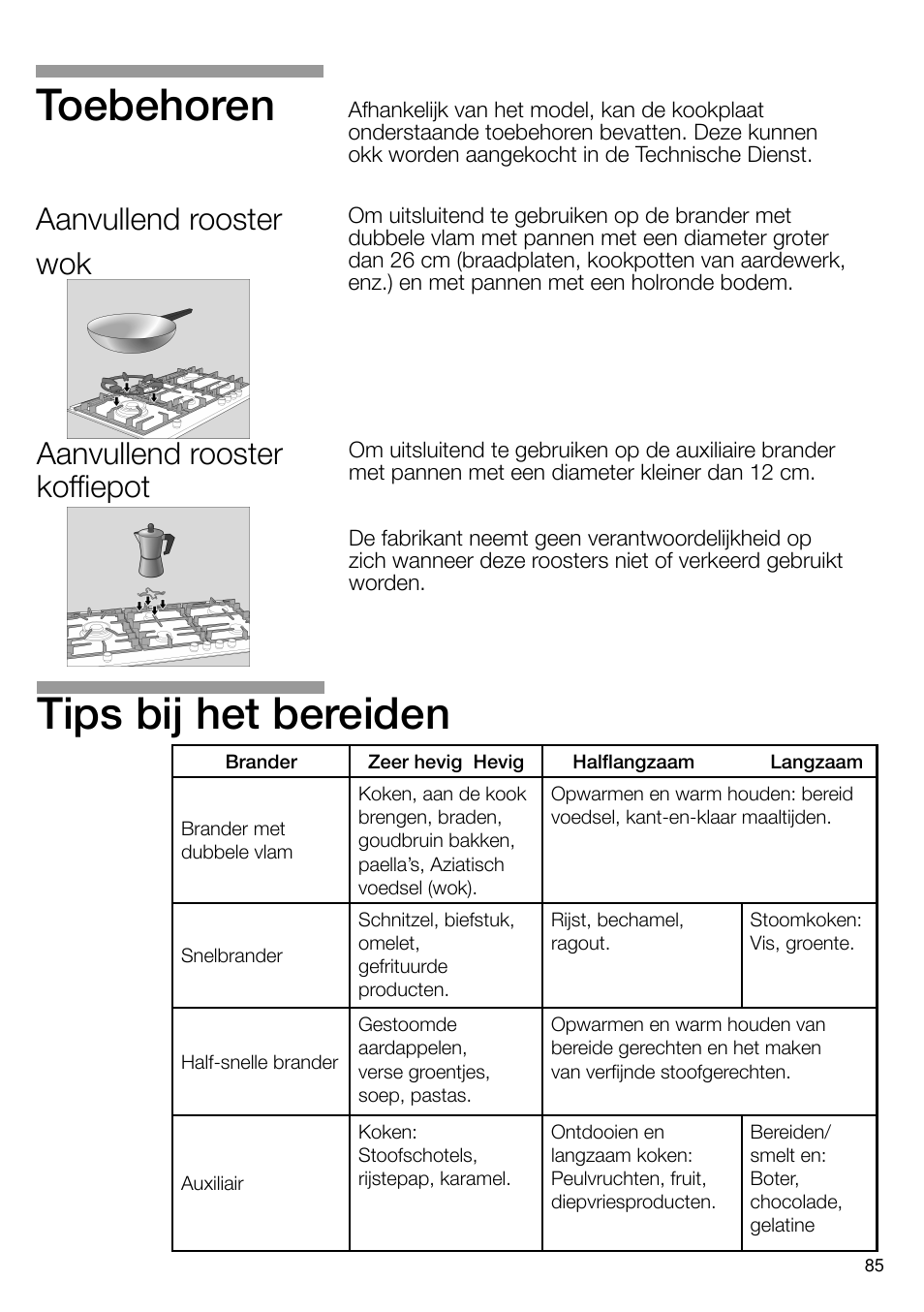 Tips bij het bereiden, Toebehoren, Aanvullend rooster koffiepot | Aanvullend rooster wok | Bosch PRS926B70E Gas-Kochstelle Glaskeramik 90 cm User Manual | Page 86 / 106