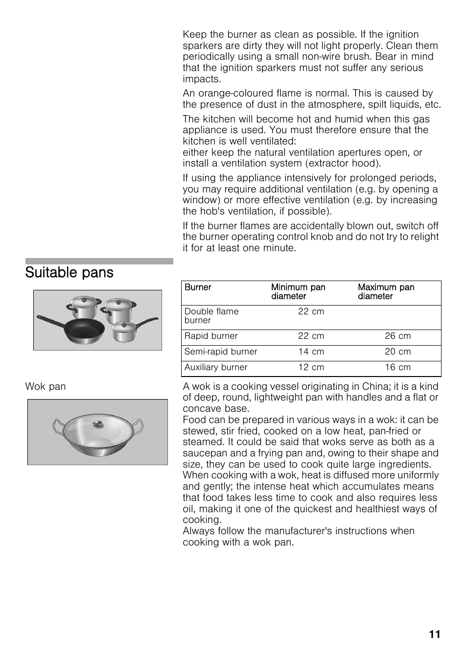 Wok pan, Suitable pans | Bosch PRS926F70E Gas-Kochstelle Glaskeramik 90 cm User Manual | Page 10 / 111