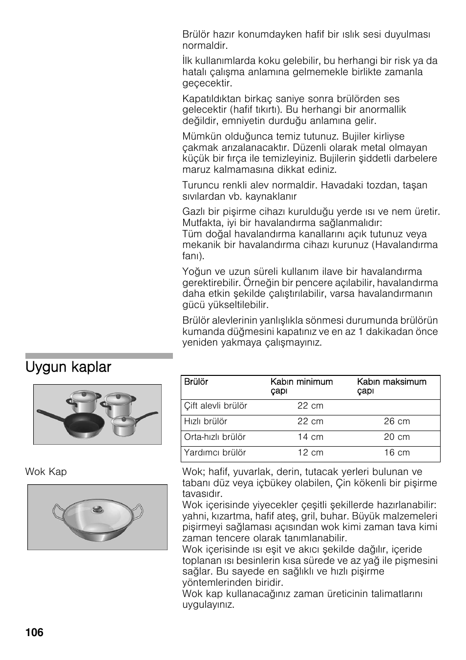 Wok kap, Uygun kaplar | Bosch PRS926F70E Gas-Kochstelle Glaskeramik 90 cm User Manual | Page 105 / 111