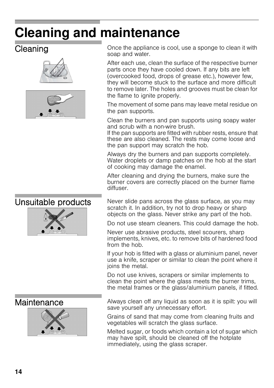 Cleaning and maintenance, Cleaning, Unsuitable products | Maintenance | Bosch PRS926F70E Gas-Kochstelle Glaskeramik 90 cm User Manual | Page 13 / 111