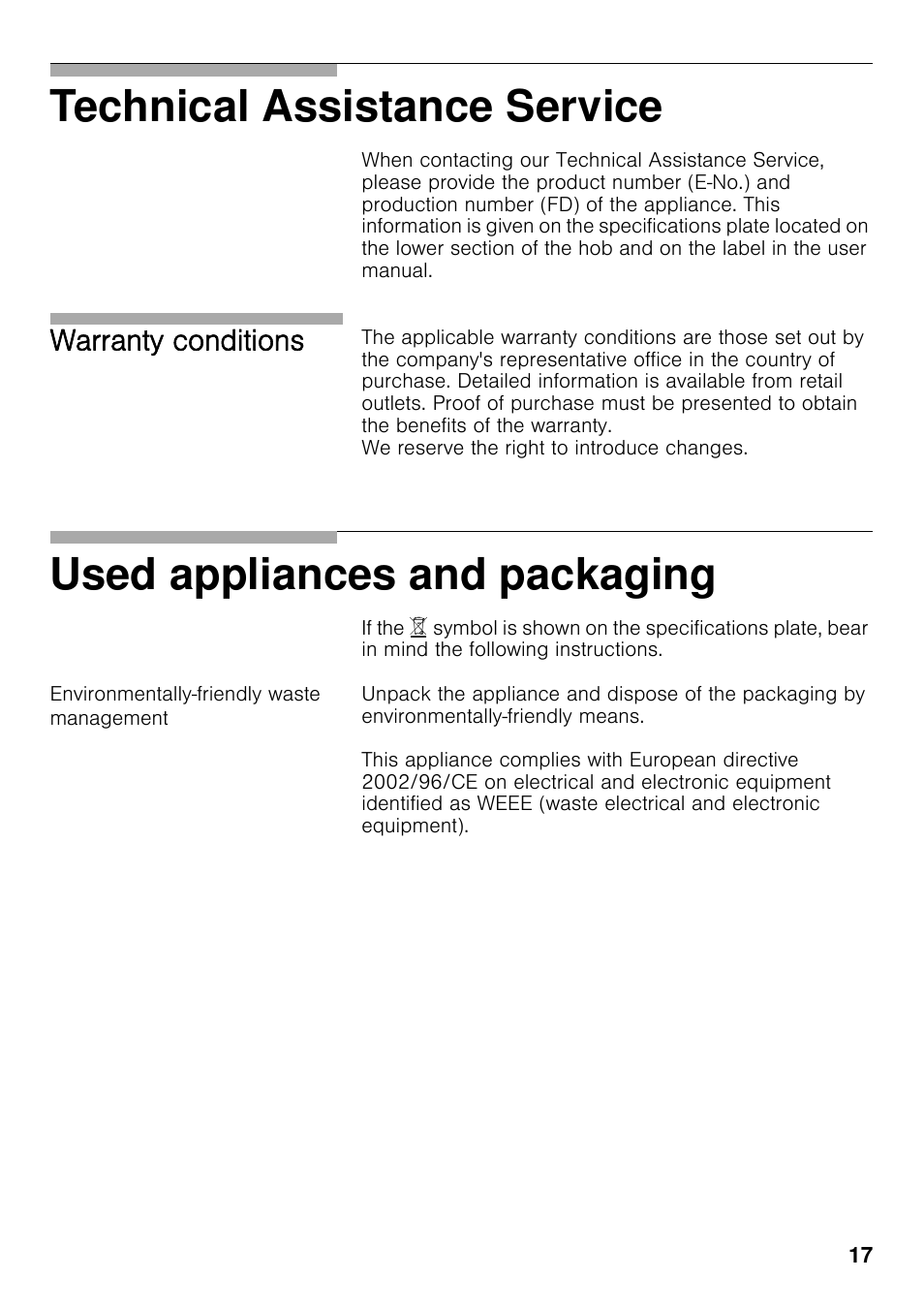 Environmentally-friendly waste management, Technical assistance service, Used appliances and packaging | Warranty conditions | Bosch PRS926F70E Gas-Kochstelle Glaskeramik 90 cm User Manual | Page 16 / 111