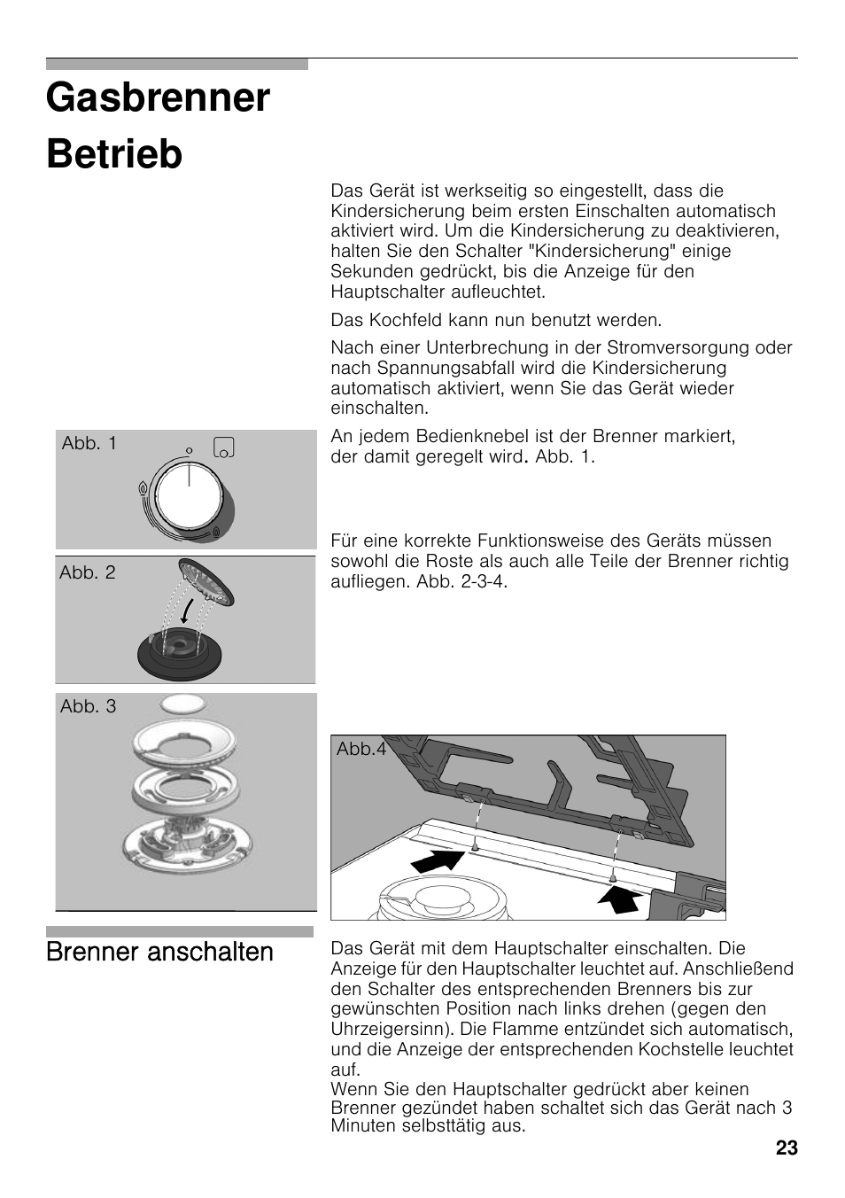 Betrieb, Gasbrenner betrieb, Brenner anschalten | Bosch PRS926F70E Gas-Kochstelle Glaskeramik 90 cm User Manual | Page 22 / 111