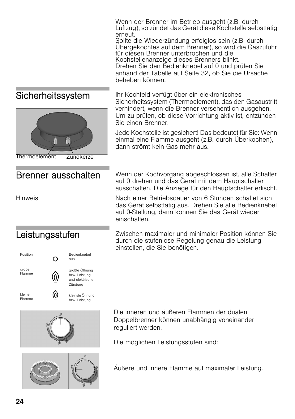 Hinweis, Sicherheitssystem, Brenner ausschalten | Leistungsstufen | Bosch PRS926F70E Gas-Kochstelle Glaskeramik 90 cm User Manual | Page 23 / 111