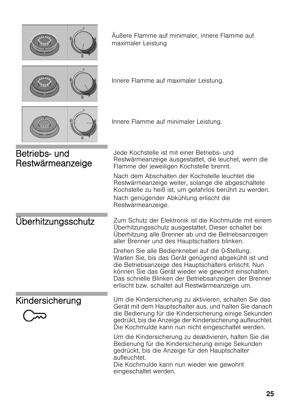 Betriebs- und restwärmeanzeige, Überhitzungsschutz, Kindersicherung | Bosch PRS926F70E Gas-Kochstelle Glaskeramik 90 cm User Manual | Page 24 / 111