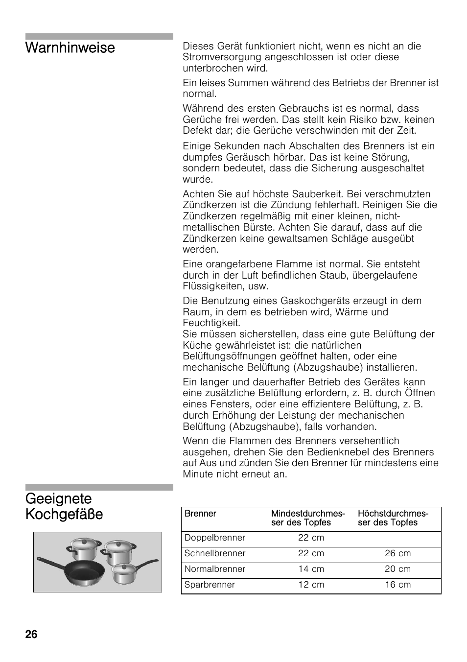 Warnhinweise, Geeignete kochgefäße | Bosch PRS926F70E Gas-Kochstelle Glaskeramik 90 cm User Manual | Page 25 / 111